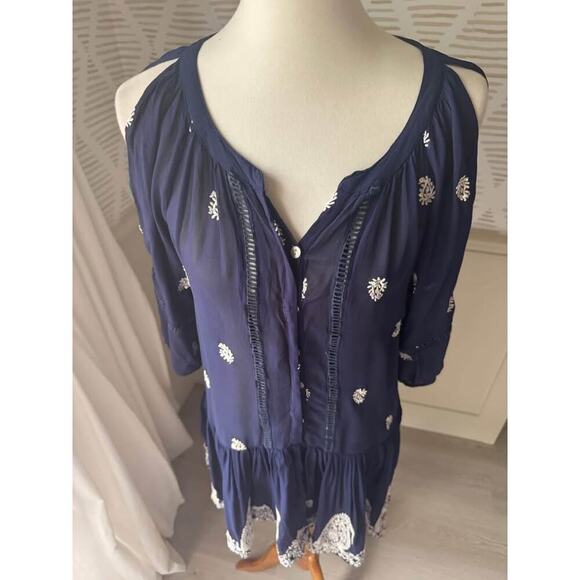 Miss June Sheer Women’s Small Navy Blue & White Embroidered Sheer Mini Dress - Picture 2 of 6